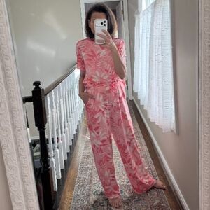 Tommy Bahama Pink Tropical Print Pajama Set Top & Wide Leg Lounge Pants Small